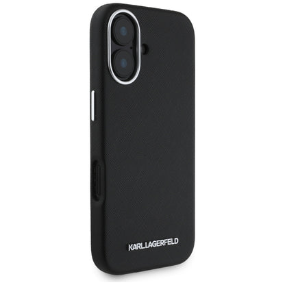 MagSafe-skal för Apple iPhone 16, Karl Lagerfeld, Saffiano Full Wrapped Elongated Metal Logo, Svart