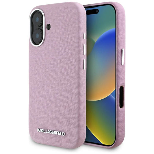 MagSafe-skal för Apple iPhone 16, Karl Lagerfeld, Saffiano Full Wrapped Elongated Metal Logo, Rosa