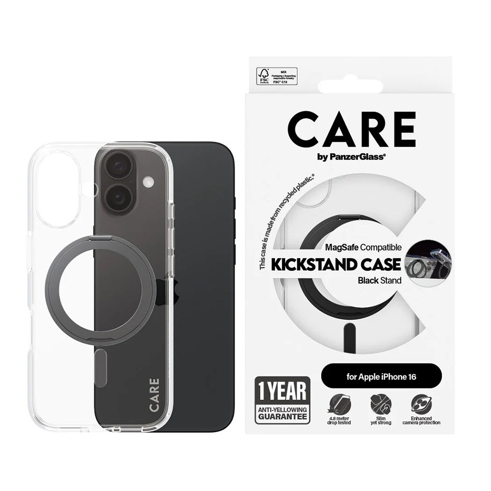 MagSafe-skal för Apple iPhone 16, PanzerGlass, Care Feature Kickstand, Svart Transparent