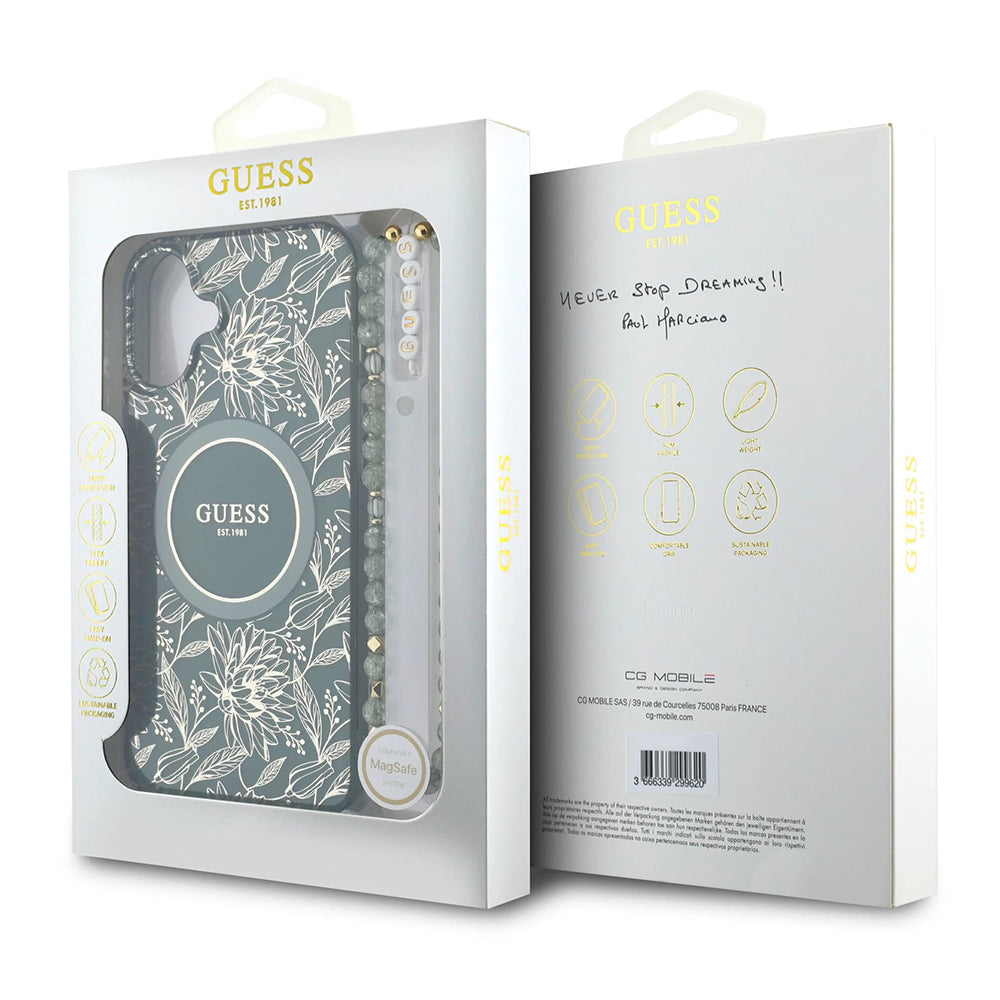 MagSafe-skal för Apple iPhone 16 Plus, Guess, IML Flowers Allover Electroplated with Pearl Strap, Grön