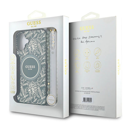 MagSafe-skal för Apple iPhone 16 Plus, Guess, IML Flowers Allover Electroplated with Pearl Strap, Grön