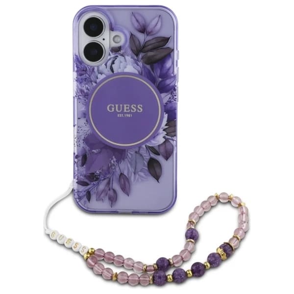 MagSafe-skal för Apple iPhone 16 Plus, Guess, IML Flowers with Pearl Strap, Lila