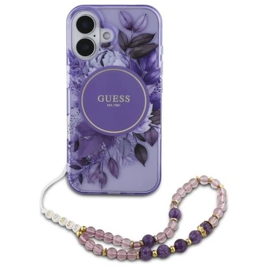 MagSafe Case for Apple iPhone 16 Plus, Guess, IML Flowers with Pearl Strap, Purple