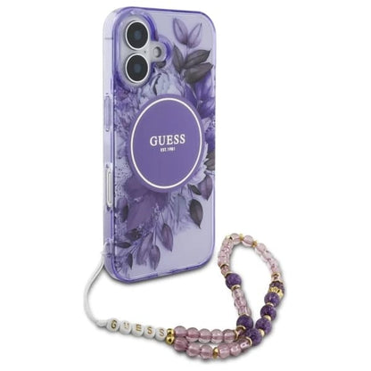MagSafe-skal för Apple iPhone 16 Plus, Guess, IML Flowers with Pearl Strap, Lila