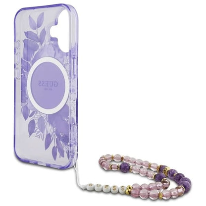MagSafe-skal för Apple iPhone 16 Plus, Guess, IML Flowers with Pearl Strap, Lila