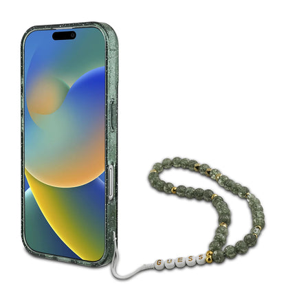 MagSafe-skal för Apple iPhone 16 Plus, Guess, IML Glitter med Pärlrem, Grön