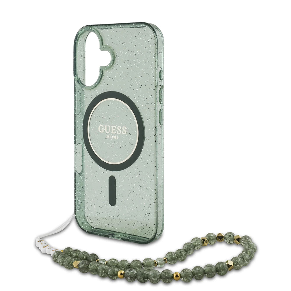 MagSafe-skal för Apple iPhone 16 Plus, Guess, IML Glitter med Pärlrem, Grön