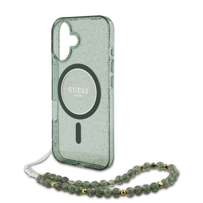 MagSafe-skal för Apple iPhone 16 Plus, Guess, IML Glitter med Pärlrem, Grön