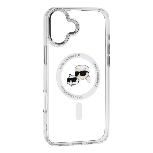 MagSafe Case for Apple iPhone 16 Plus, Karl Lagerfeld, IML Metal Karl & Choupette's Heads, White