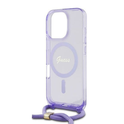 MagSafe-fodral för Apple iPhone 16 Pro, Guess, IML Crossbody Cord Script, Lila