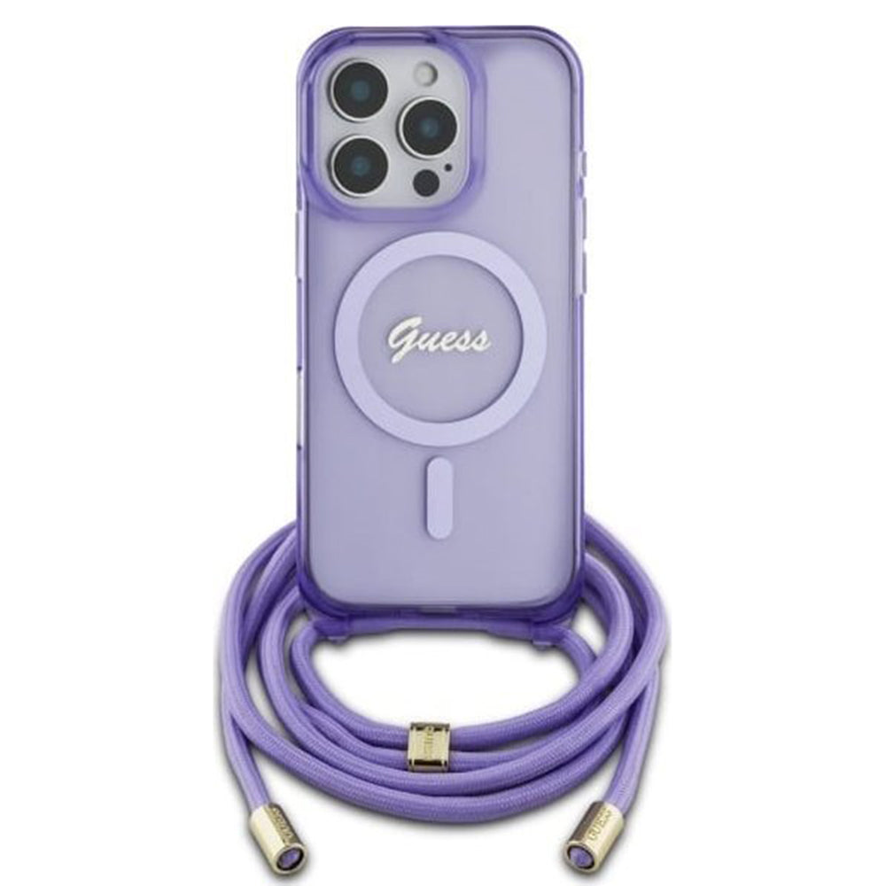 MagSafe-fodral för Apple iPhone 16 Pro, Guess, IML Crossbody Cord Script, Lila