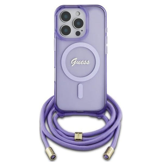 MagSafe-fodral för Apple iPhone 16 Pro, Guess, IML Crossbody Cord Script, Lila