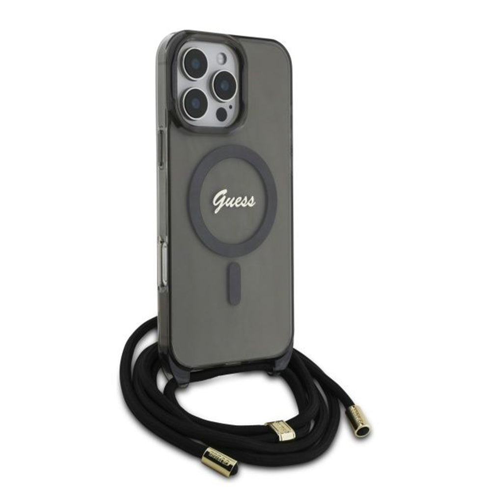 MagSafe-fodral för Apple iPhone 16 Pro, Guess, IML Crossbody Cord Script, Svart