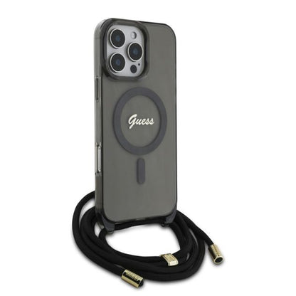 MagSafe-fodral för Apple iPhone 16 Pro, Guess, IML Crossbody Cord Script, Svart