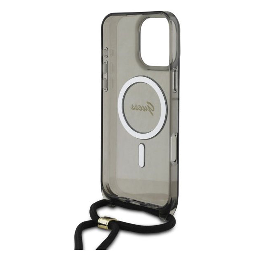 MagSafe-fodral för Apple iPhone 16 Pro, Guess, IML Crossbody Cord Script, Svart