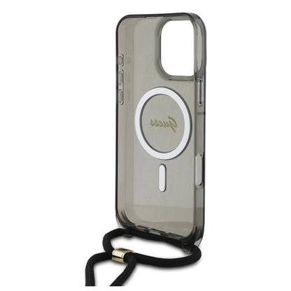 MagSafe-fodral för Apple iPhone 16 Pro, Guess, IML Crossbody Cord Script, Svart