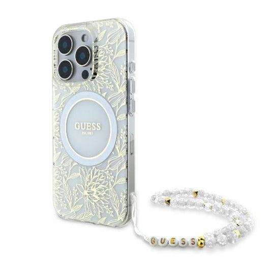 MagSafe-skal för Apple iPhone 16 Pro, Guess, IML Flowers Allover Electroplated with Pearl Strap, Vit