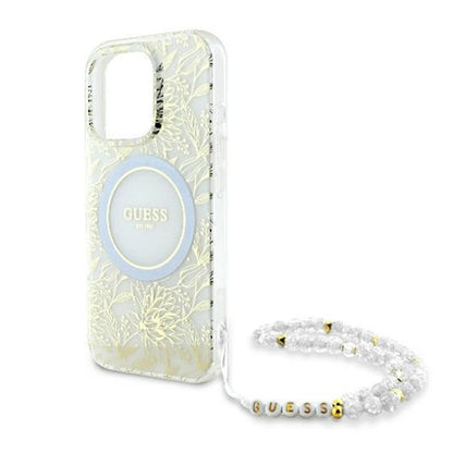 MagSafe Case for Apple iPhone 16 Pro, Guess, IML Flowers Allover Electroplated with Pearl Strap, White