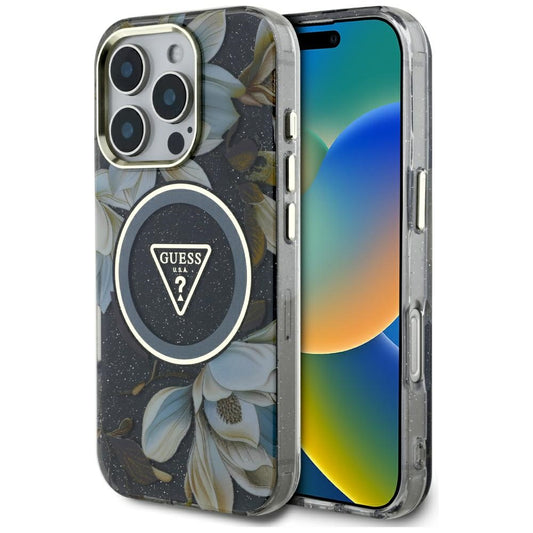 MagSafe-skal för Apple iPhone 16 Pro, Guess, IML Metal Glitter Flowers Triangle, Svart