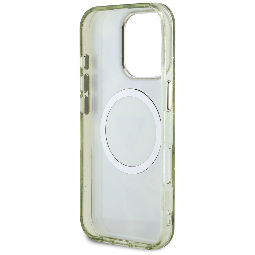 MagSafe-skal för Apple iPhone 16 Pro, Guess, IML Metal Glitter Flowers Triangle, Grön