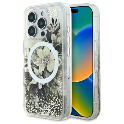 MagSafe-skal för Apple iPhone 16 Pro, Guess, Liquid Glitter Flower, Beige