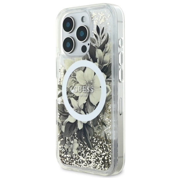 MagSafe-skal för Apple iPhone 16 Pro, Guess, Liquid Glitter Flower, Beige