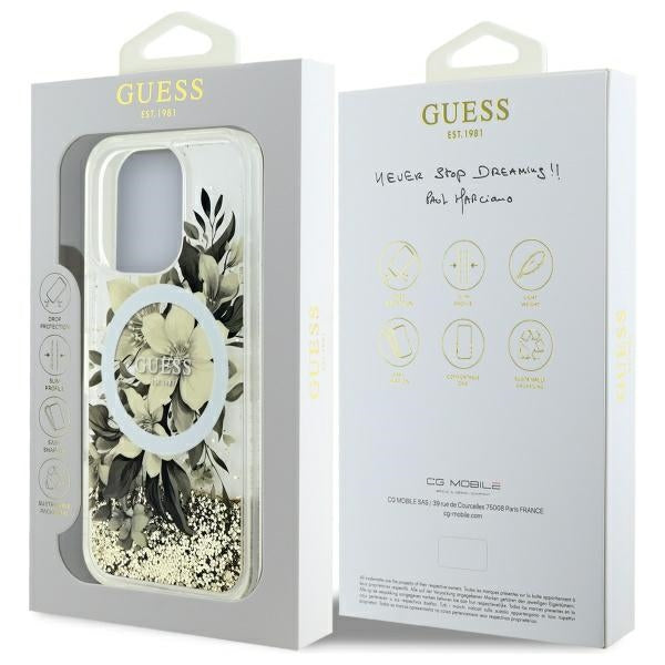 MagSafe-skal för Apple iPhone 16 Pro, Guess, Liquid Glitter Flower, Beige