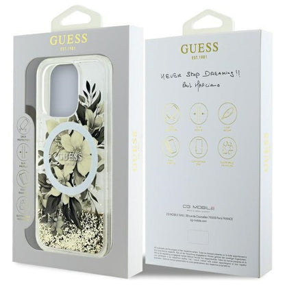 MagSafe-skal för Apple iPhone 16 Pro, Guess, Liquid Glitter Flower, Beige