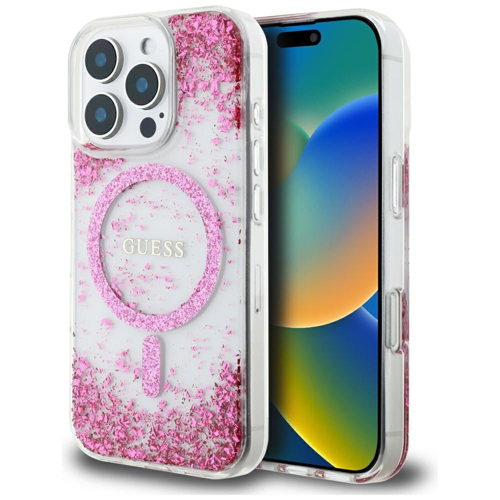 MagSafe-skal för Apple iPhone 16 Pro, Guess, Resin Bottom Glitter, Rosa