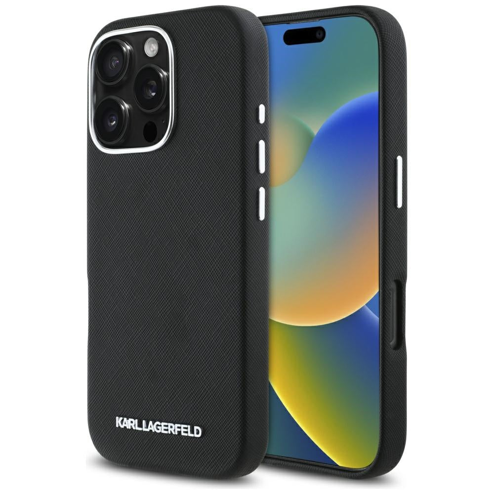 MagSafe-skal för Apple iPhone 16 Pro, Karl Lagerfeld, Saffiano Full Wrapped Elongated Metal Logo, Svart