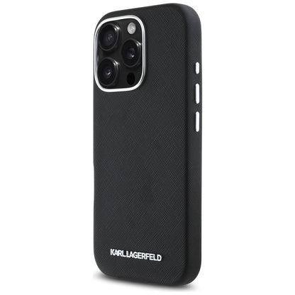 MagSafe-skal för Apple iPhone 16 Pro, Karl Lagerfeld, Saffiano Full Wrapped Elongated Metal Logo, Svart