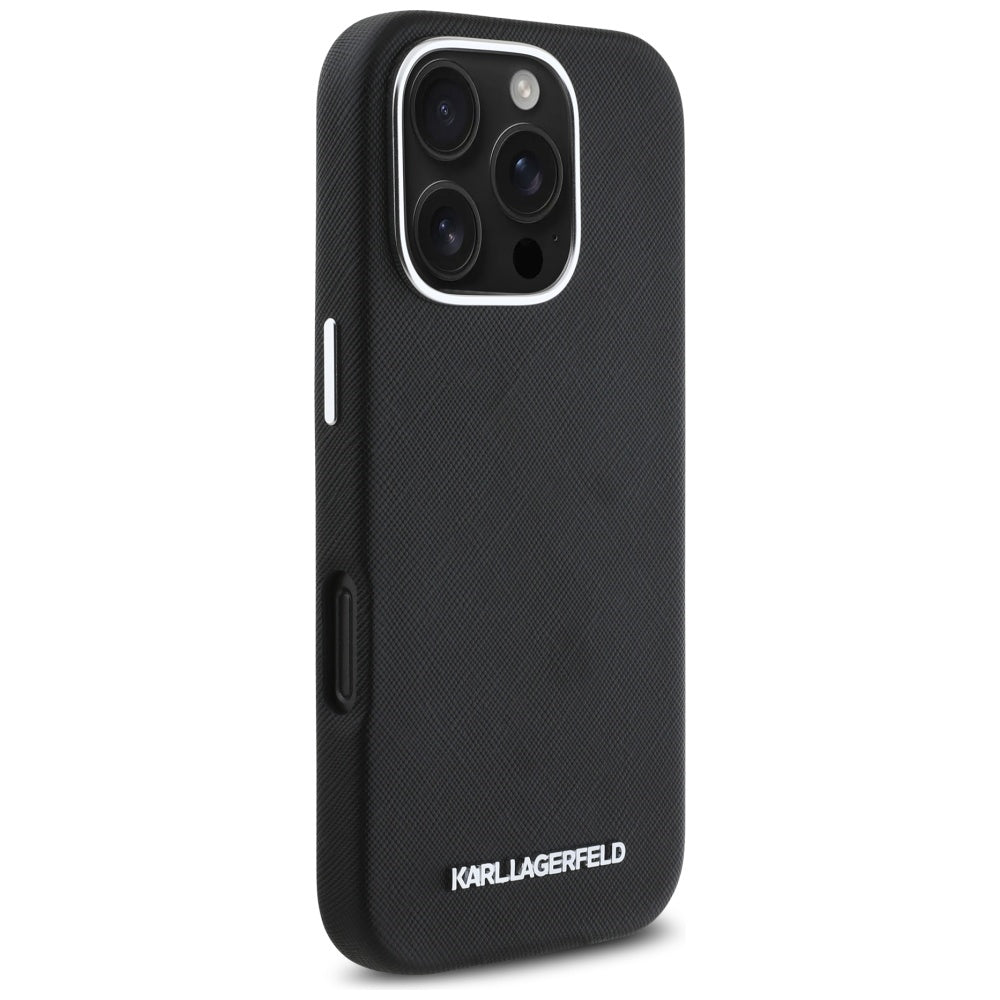 MagSafe-skal för Apple iPhone 16 Pro, Karl Lagerfeld, Saffiano Full Wrapped Elongated Metal Logo, Svart