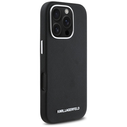 MagSafe-skal för Apple iPhone 16 Pro, Karl Lagerfeld, Saffiano Full Wrapped Elongated Metal Logo, Svart