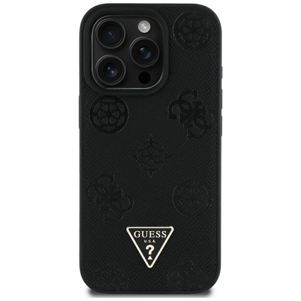 MagSafe Case for Apple iPhone 16 Pro Max, Guess, Peony Grained Hot Stamp Triangle, Black