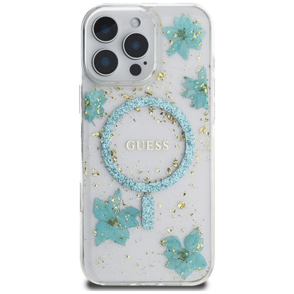 MagSafe-skal för Apple iPhone 16 Pro Max, Guess, Resin Flowers and Glitter, Turkos