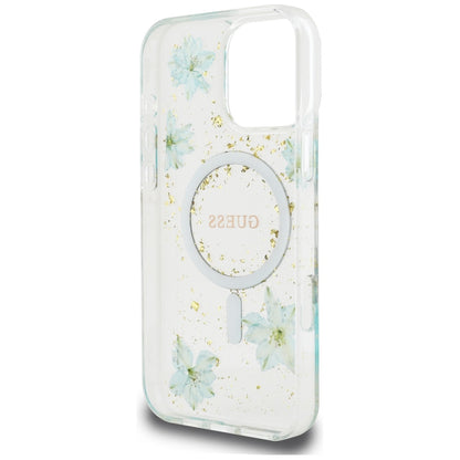 MagSafe-skal för Apple iPhone 16 Pro Max, Guess, Resin Flowers and Glitter, Turkos