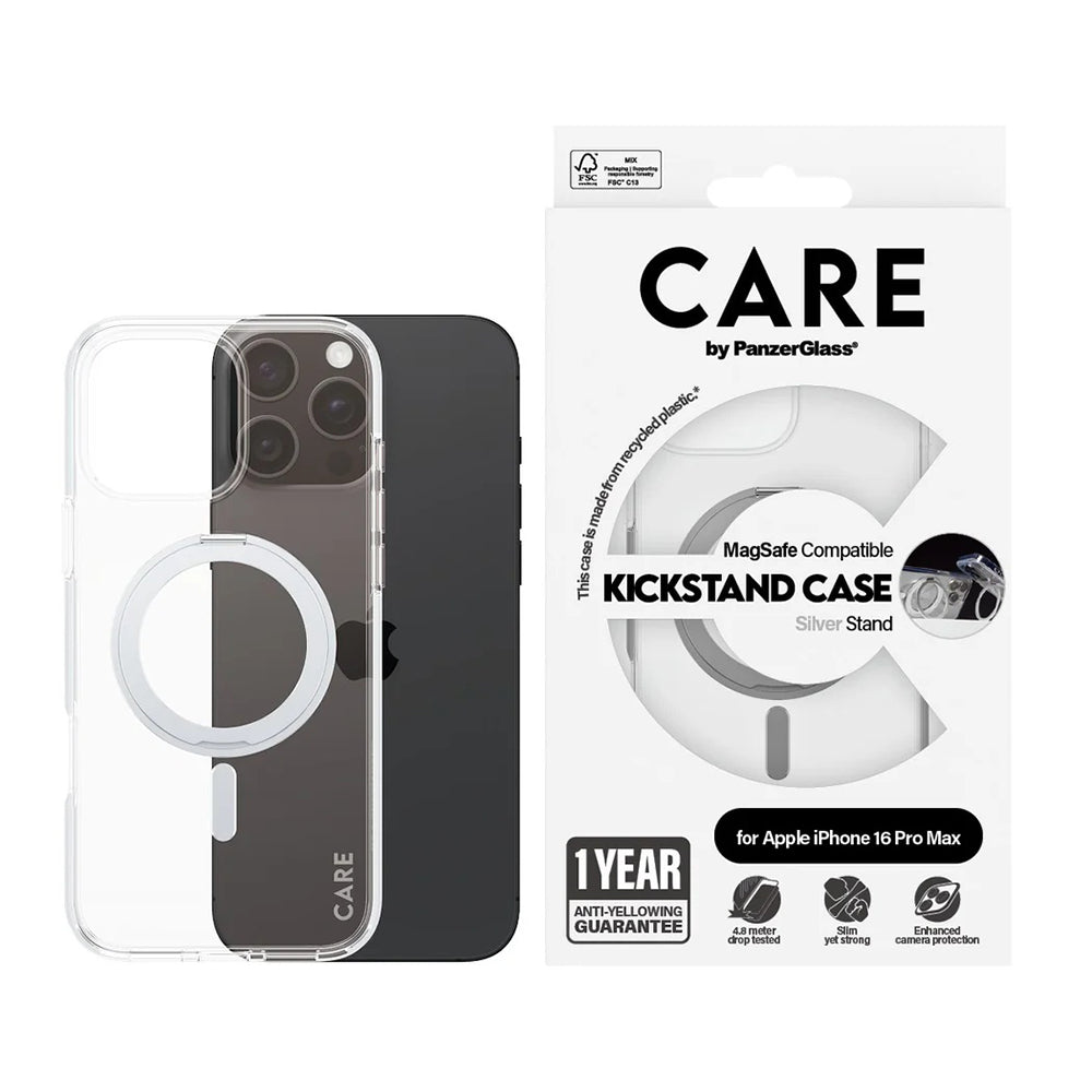 MagSafe Case for Apple iPhone 16 Pro Max, PanzerGlass, Care Feature Kickstand, Silver Transparent