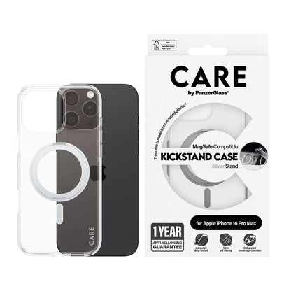MagSafe Case for Apple iPhone 16 Pro Max, PanzerGlass, Care Feature Kickstand, Silver Transparent