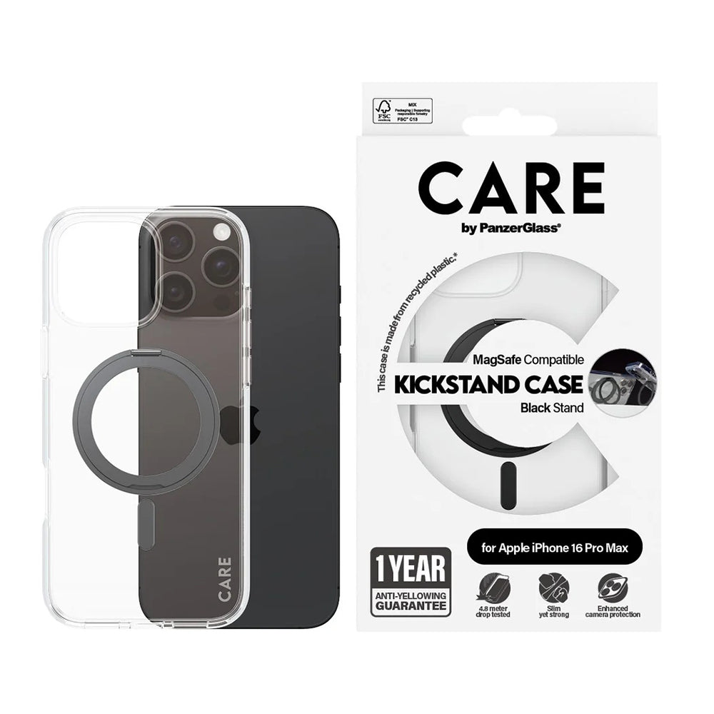 MagSafe Case for Apple iPhone 16 Pro Max, PanzerGlass, Care Feature Kickstand, Black Transparent