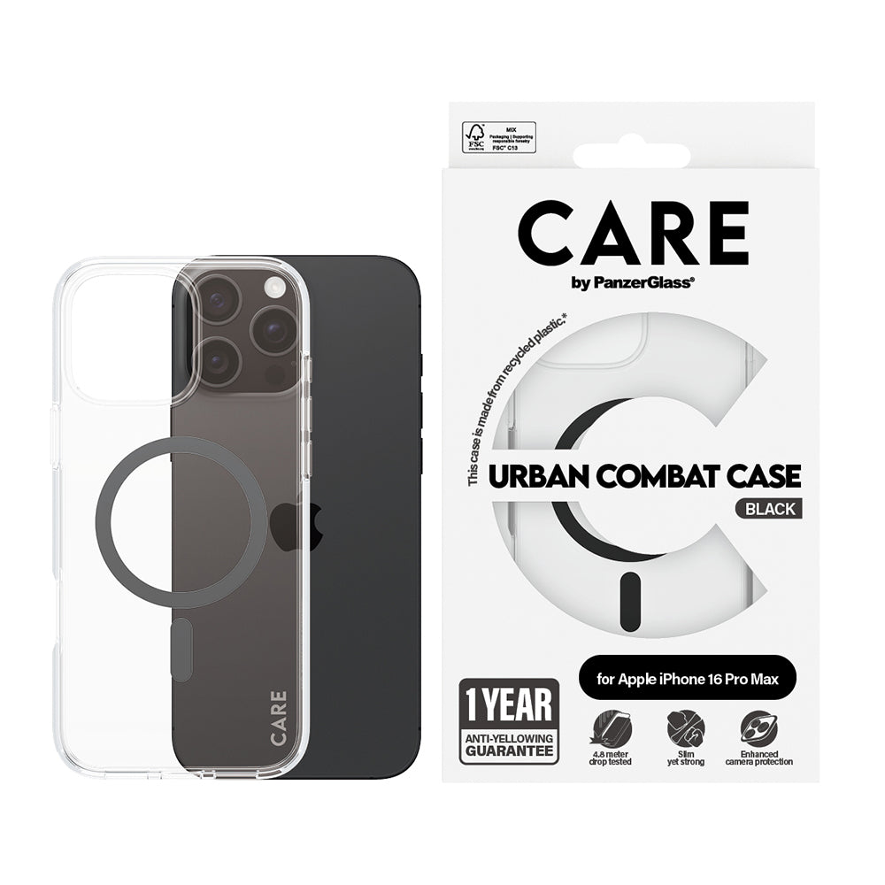 MagSafe Case for Apple iPhone 16 Pro Max, PanzerGlass, Urban Combat Care, Black Transparent