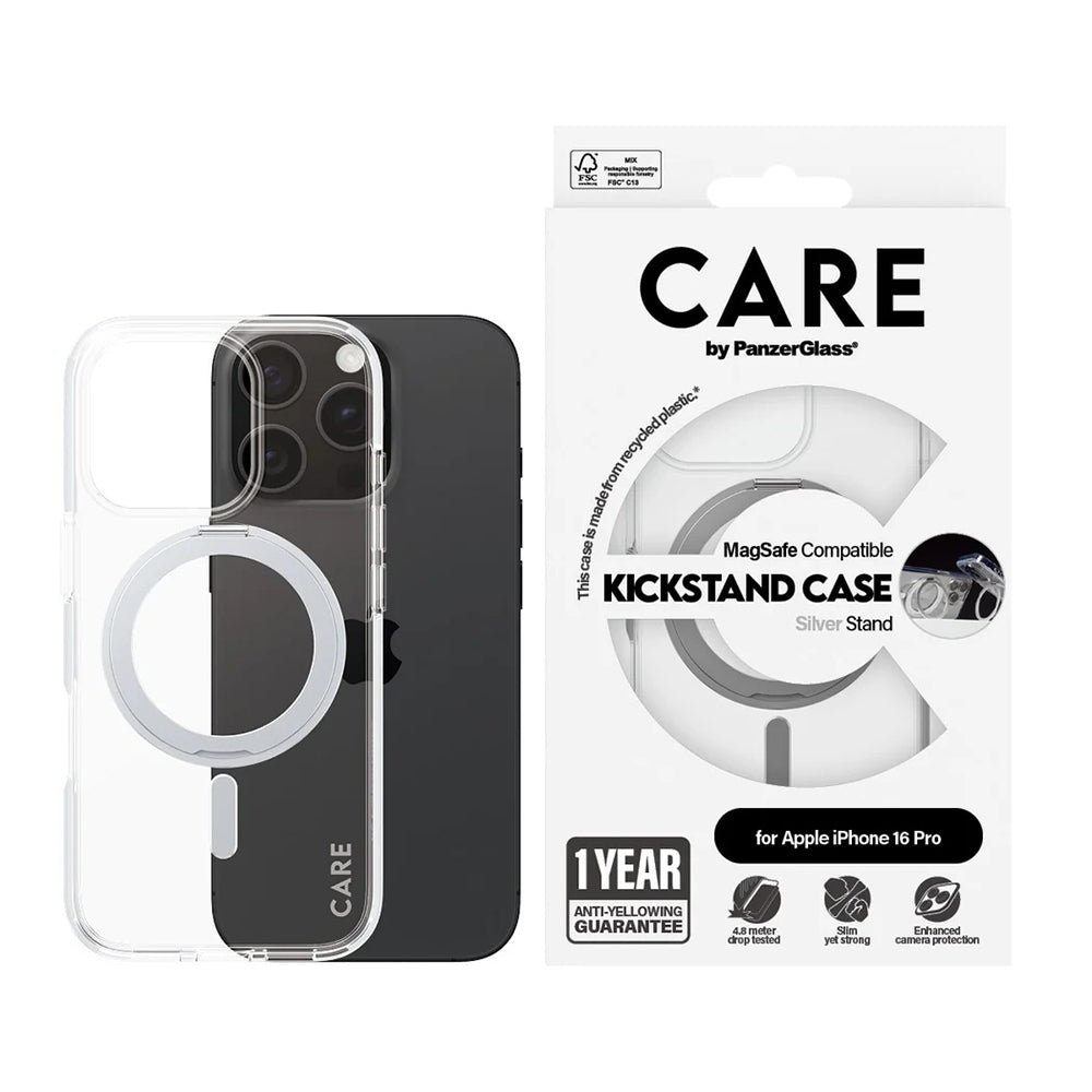 MagSafe-skal för Apple iPhone 16 Pro, PanzerGlass, Care Feature Kickstand, Silver Transparent