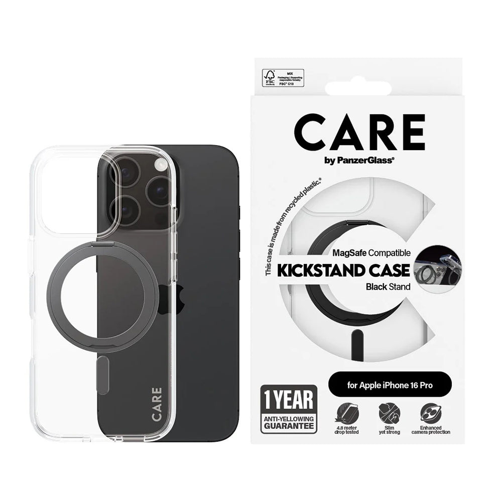 MagSafe-skal för Apple iPhone 16 Pro, PanzerGlass, Care Feature Kickstand, Svart Transparent