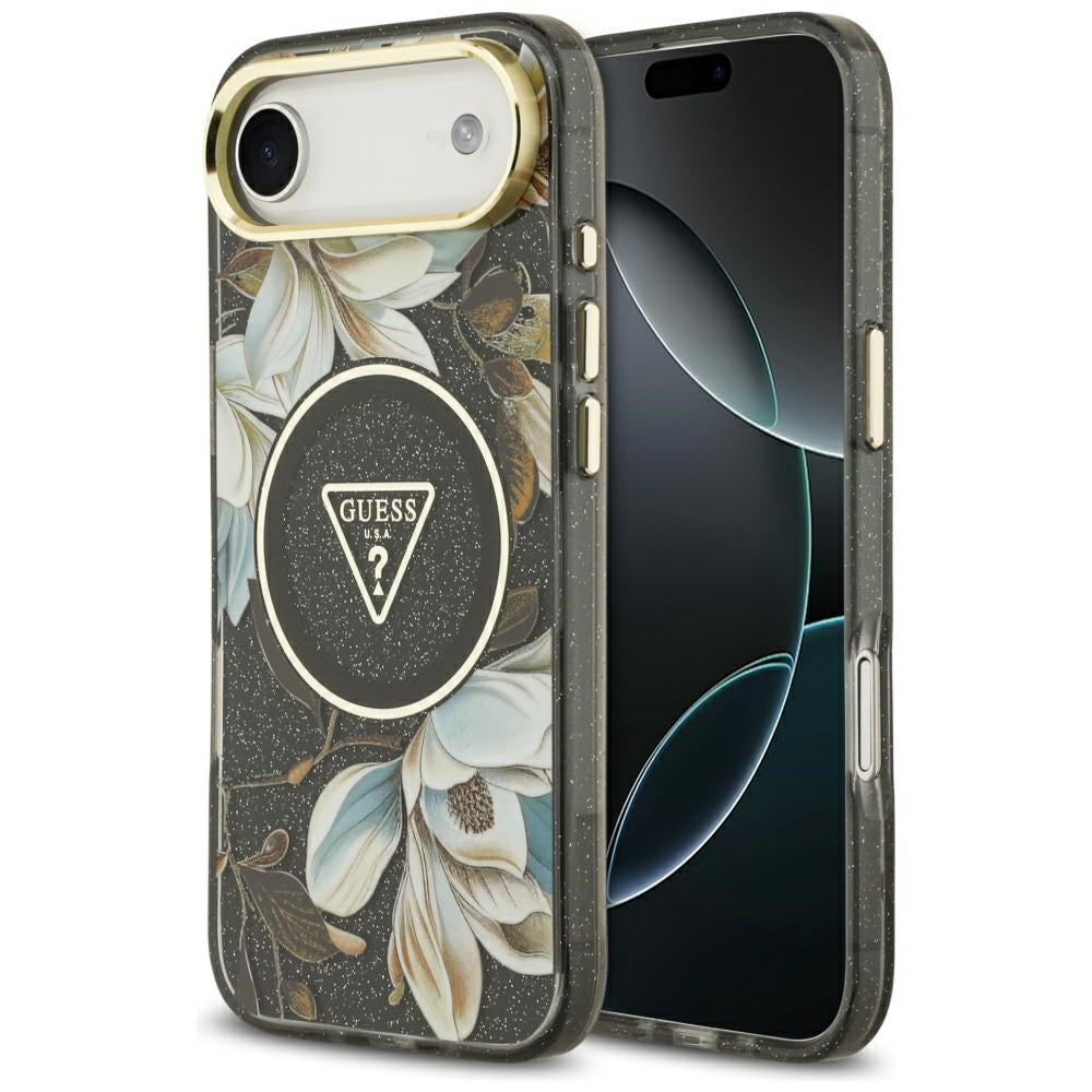 MagSafe-skal för Apple iPhone 17 Air, Guess, IML Metal Glitter Flowers Triangle, Svart