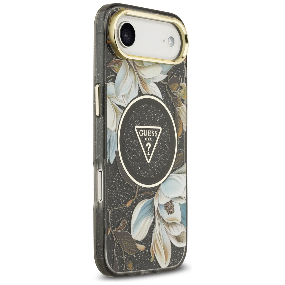 MagSafe-skal för Apple iPhone 17 Air, Guess, IML Metal Glitter Flowers Triangle, Svart