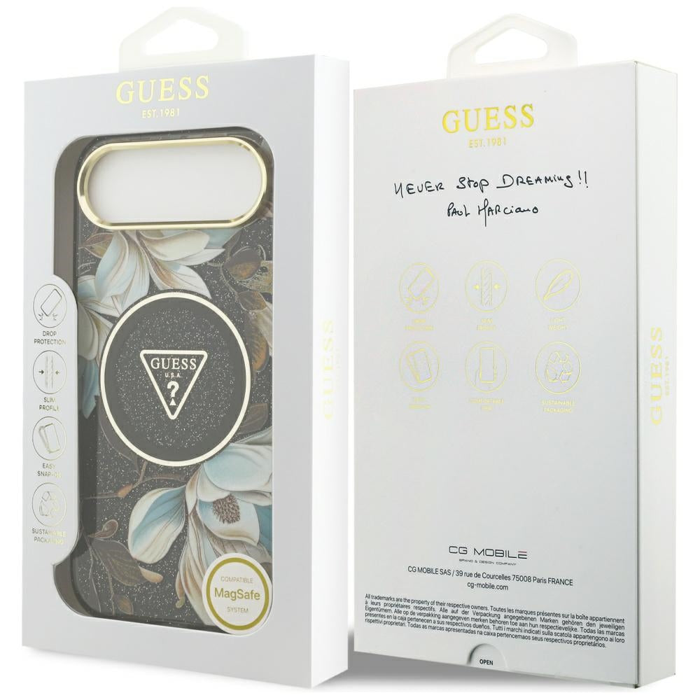MagSafe-skal för Apple iPhone 17 Air, Guess, IML Metal Glitter Flowers Triangle, Svart