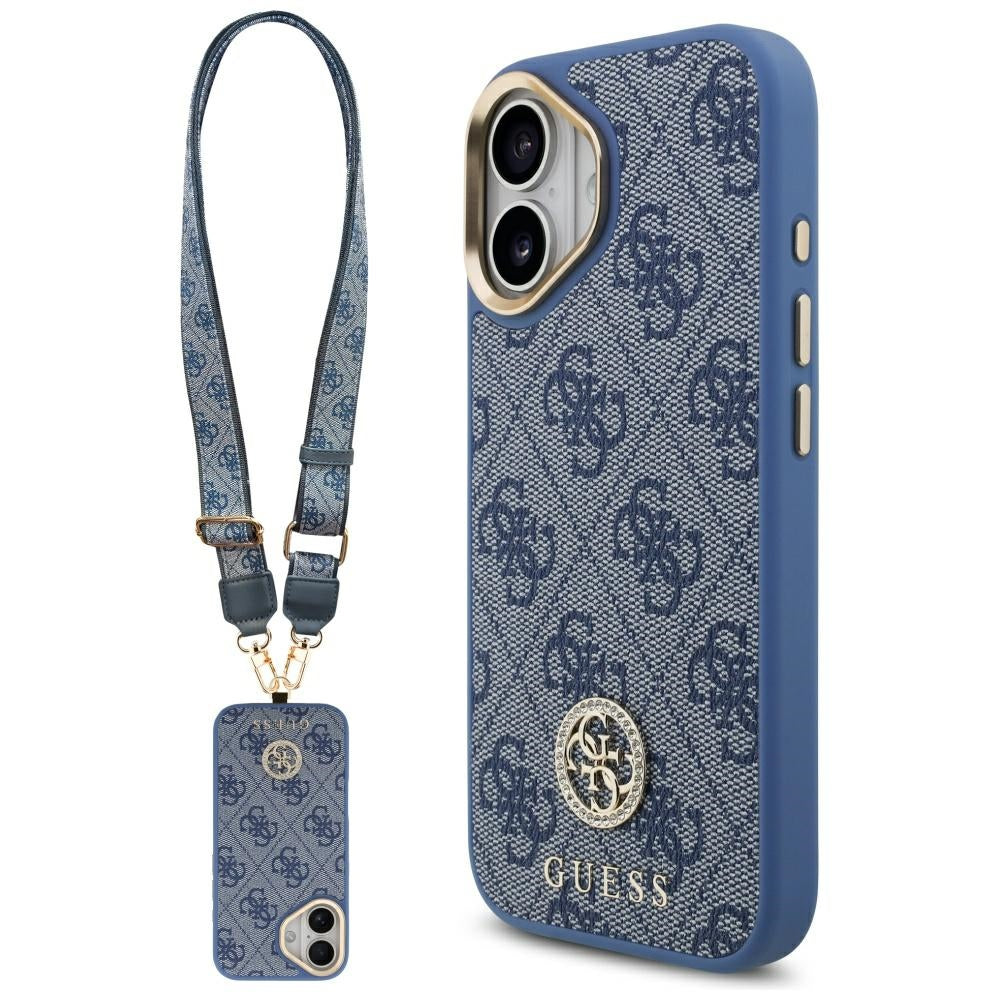 MagSafe Case for Apple iPhone 17, Guess, 4G Strass Logo with Big Strap, Blue
