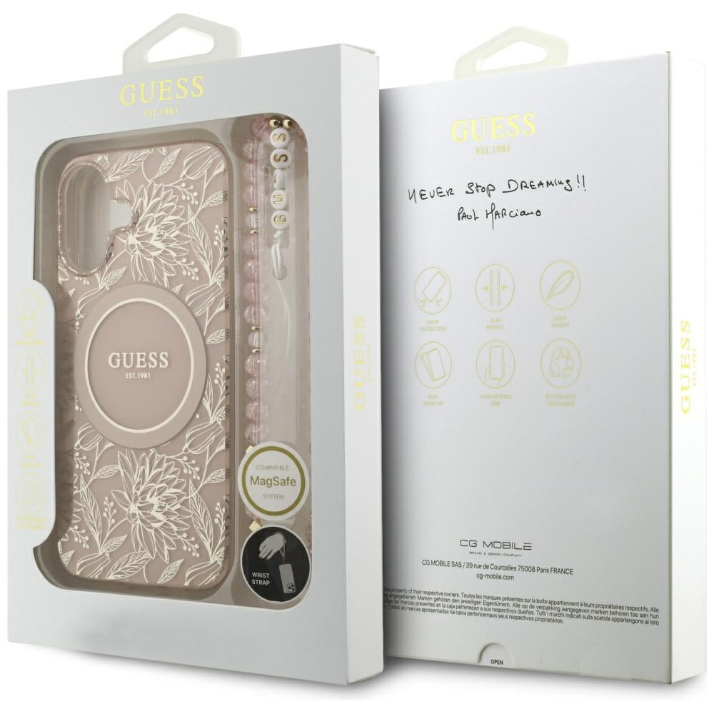 MagSafe-skal för Apple iPhone 17, Guess, IML Flowers Allover Electroplated with Pearl Strap, Svart