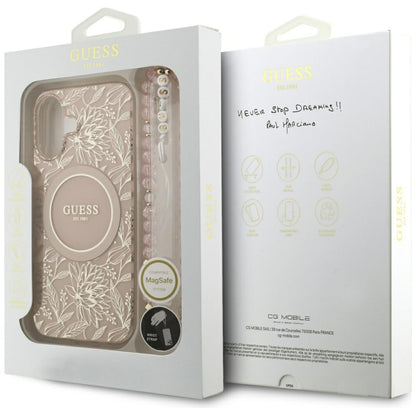 MagSafe-skal för Apple iPhone 17, Guess, IML Flowers Allover Electroplated with Pearl Strap, Svart