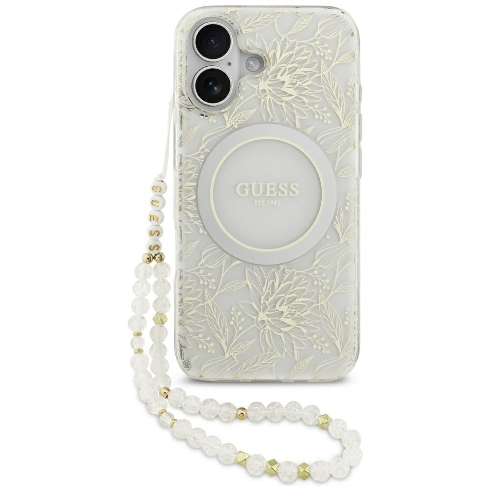 MagSafe-skal för Apple iPhone 17, Guess, IML Flowers with Pearl Strap, Vit