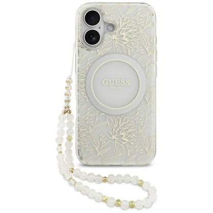 MagSafe-skal för Apple iPhone 17, Guess, IML Flowers with Pearl Strap, Vit
